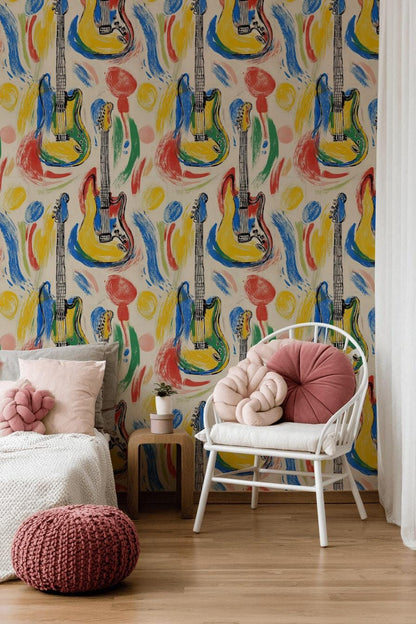 Pop Art Electric Guitar Wall Mural | Retro Music Wallpaper | Peel and Stick & Unpasted