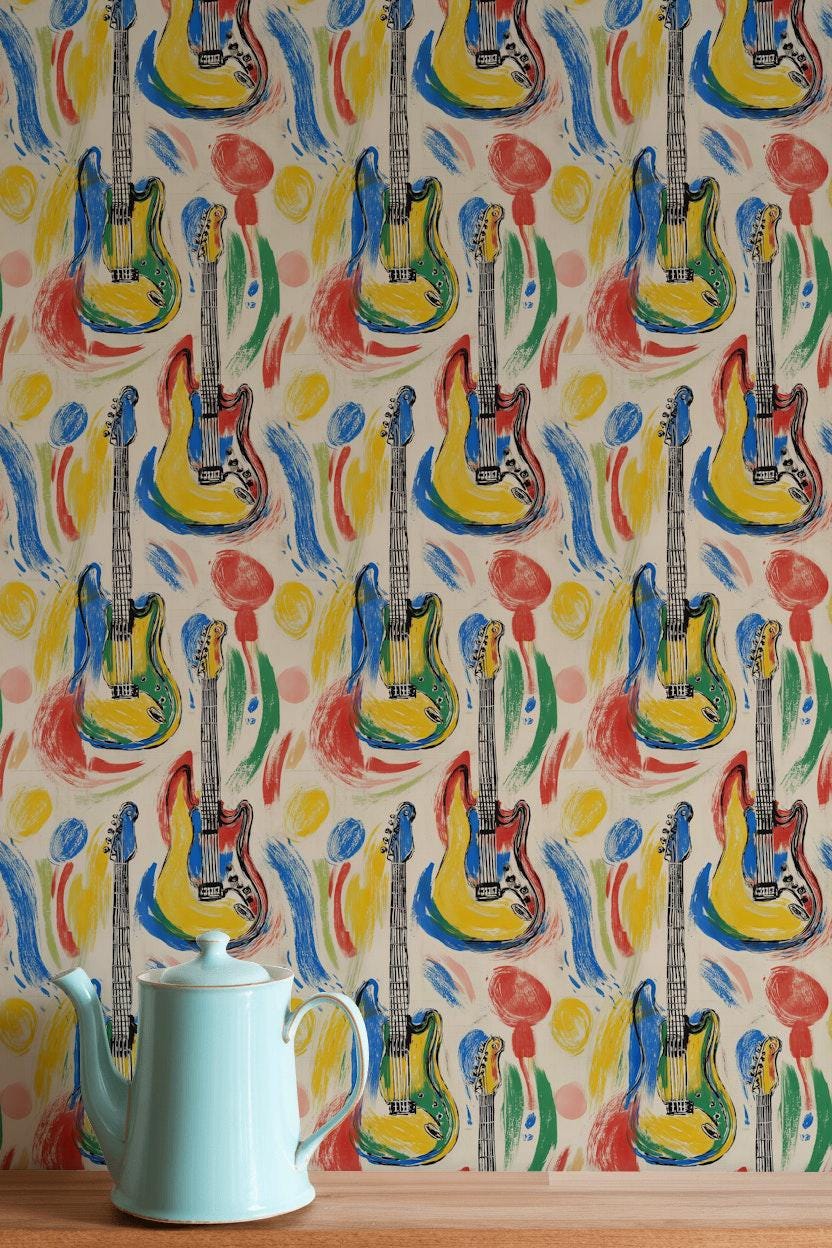 Pop Art Electric Guitar Wall Mural | Retro Music Wallpaper | Peel and Stick & Unpasted