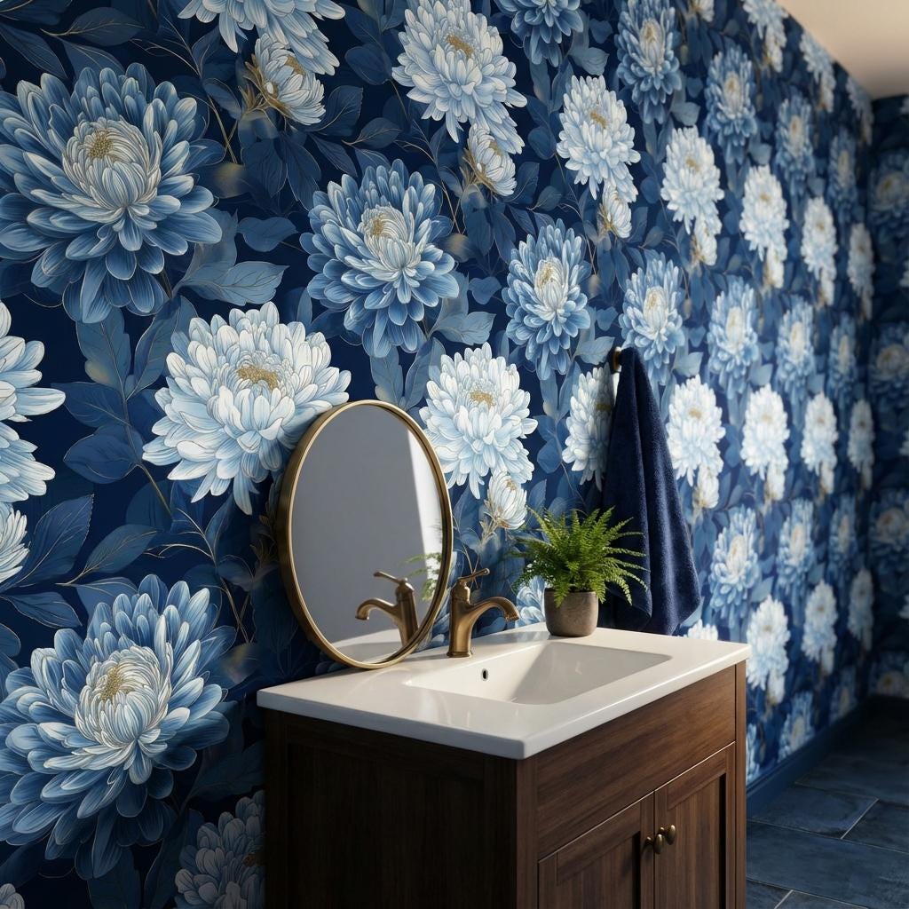 Floral Wallpaper Blue Modern Wall Mural