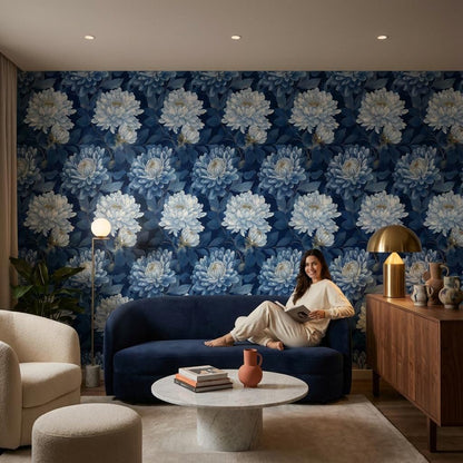 Floral Wallpaper Blue Modern Wall Mural