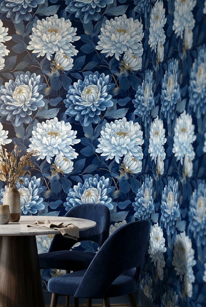Floral Wallpaper Blue Modern Wall Mural