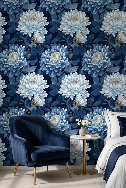 Floral Wallpaper Blue Modern Wall Mural