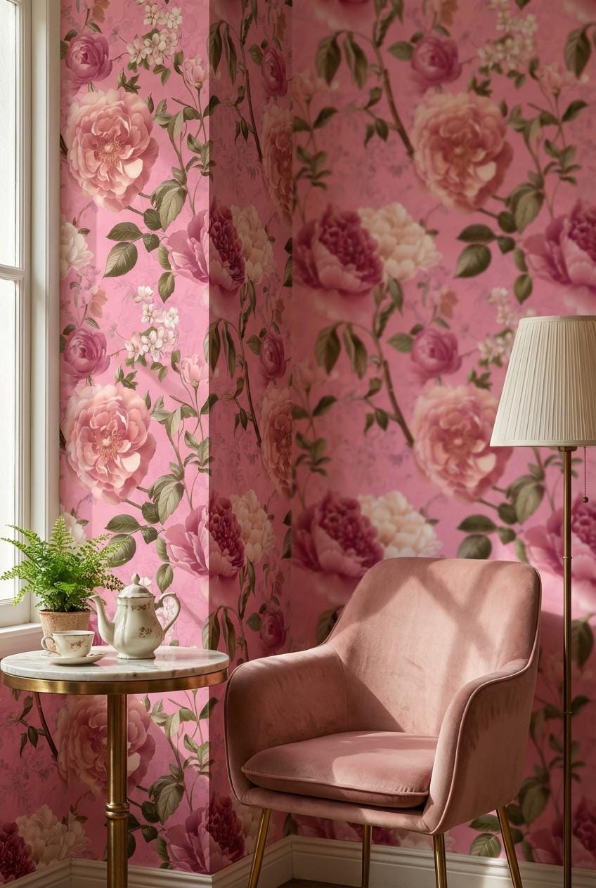 Vintage Floral Wallpaper Pink Traditional Wall Mural