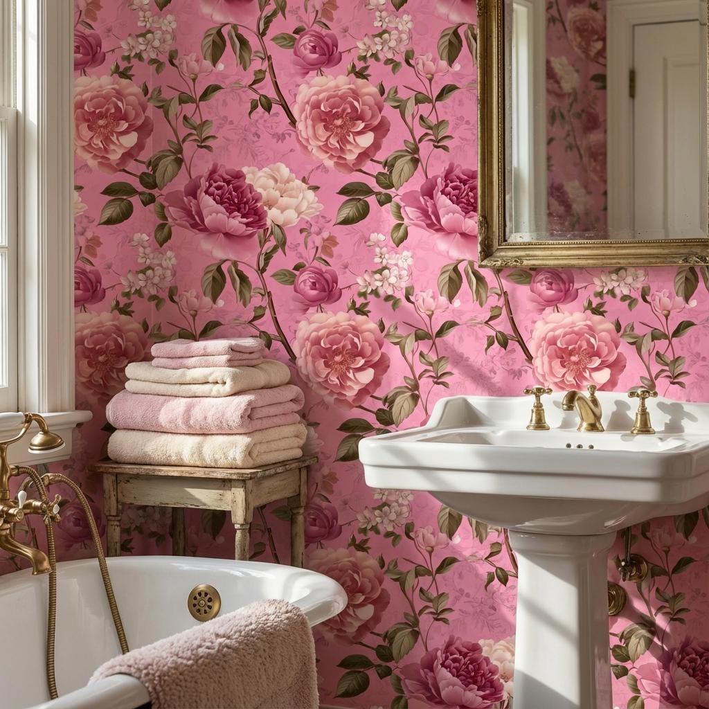Vintage Floral Wallpaper Pink Traditional Wall Mural