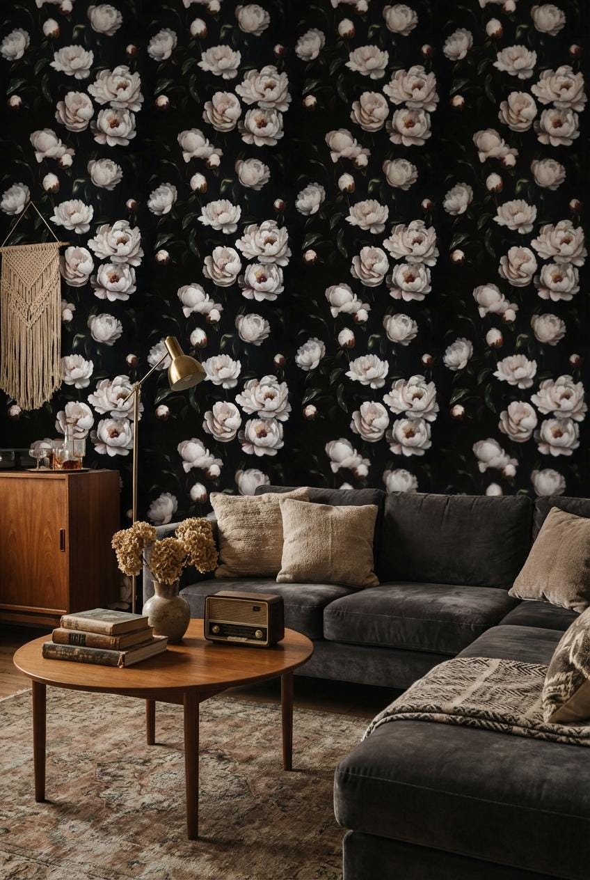 Vintage Floral Wallpaper Peonies Dark Wall Mural