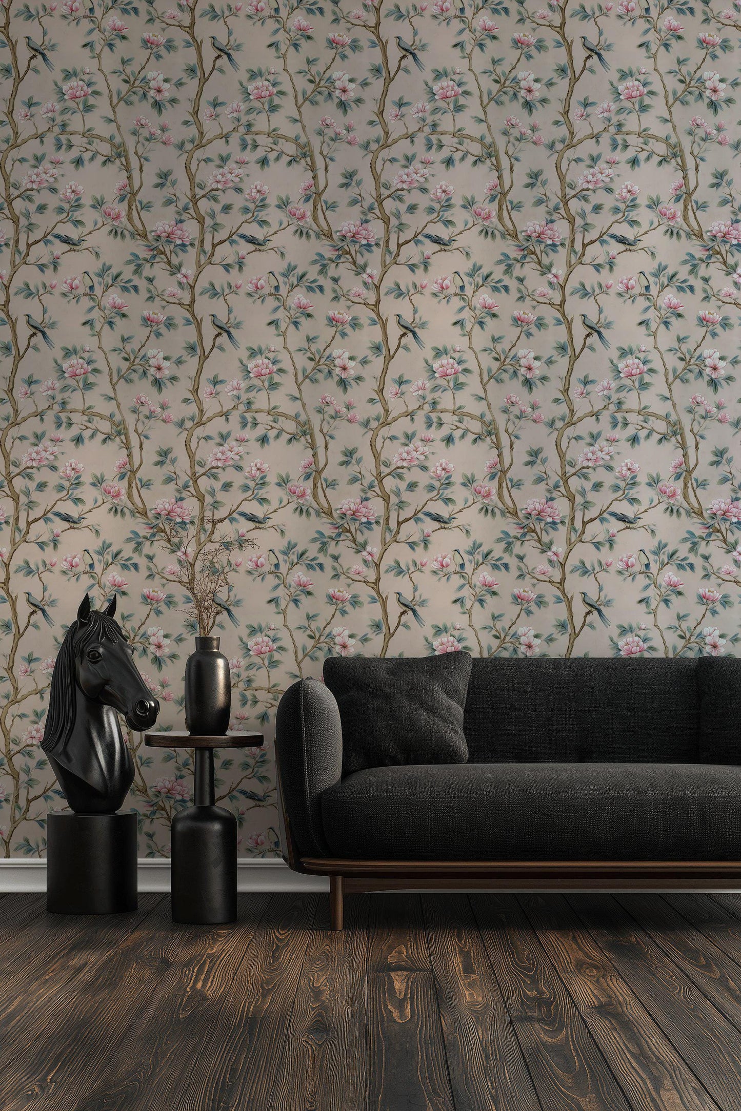 Chinoiserie Magnolia Wallpaper | Pink Floral Bird Mural | Peel & Stick or Traditional Luxury Decor