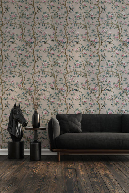 Chinoiserie Magnolia Wallpaper | Pink Floral Bird Mural | Peel & Stick or Traditional Luxury Decor