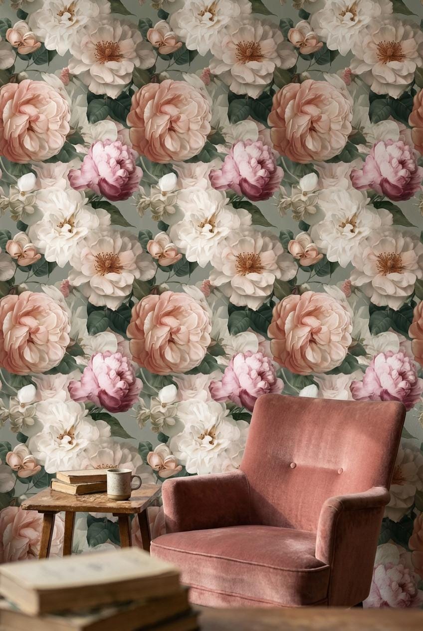 Vintage Floral Wallpaper Elegant Pink Wall Mural