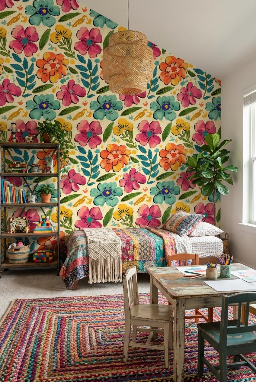 Bohemian Floral Wallpaper Abstract Eclectic Wall Mural