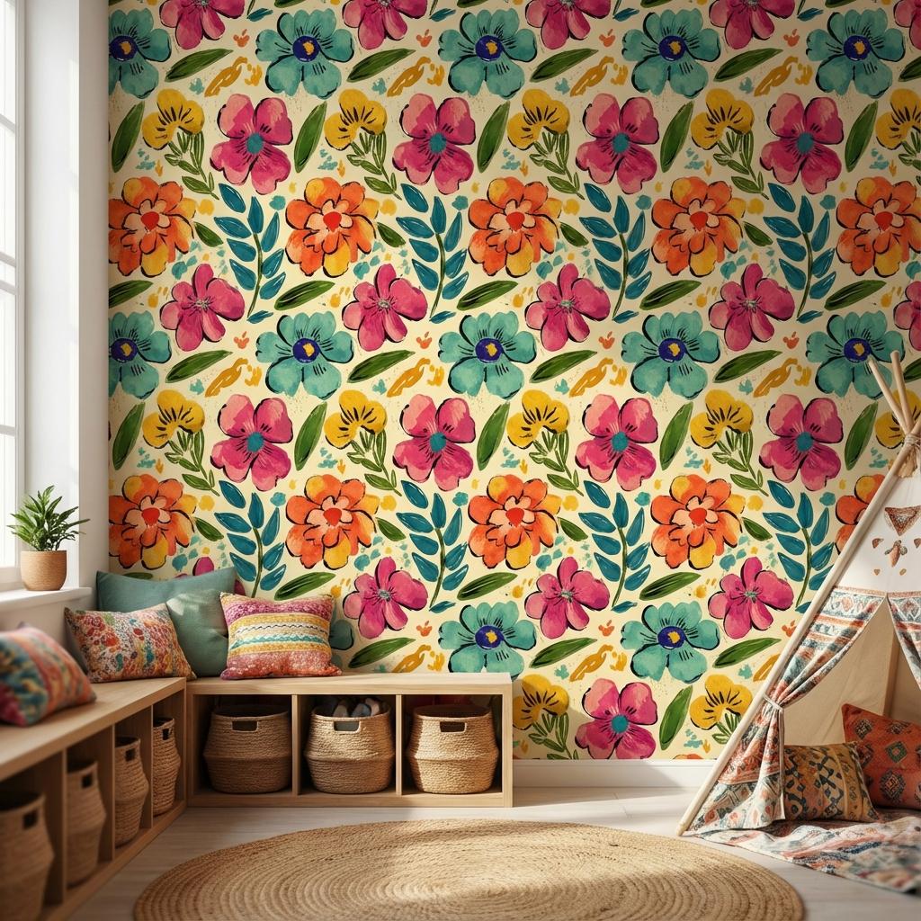 Bohemian Floral Wallpaper Abstract Eclectic Wall Mural
