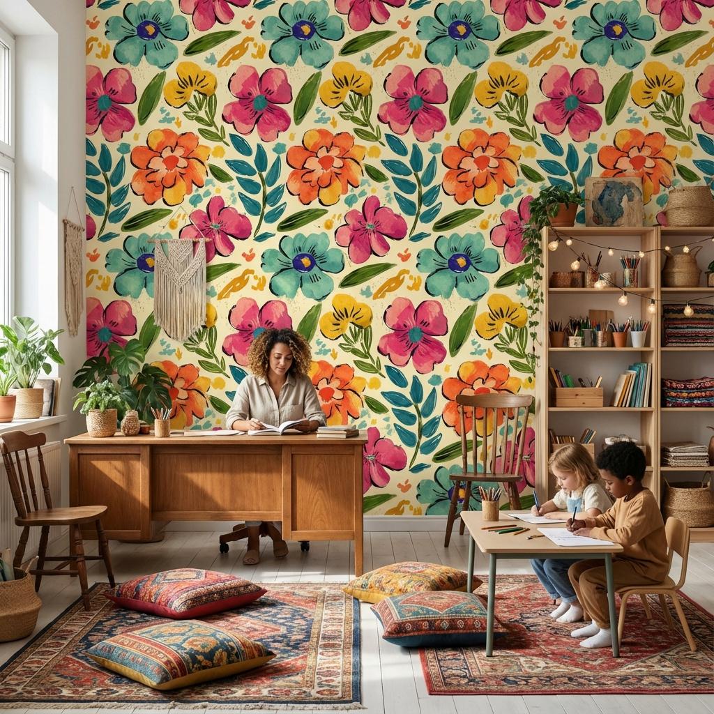 Bohemian Floral Wallpaper Abstract Eclectic Wall Mural