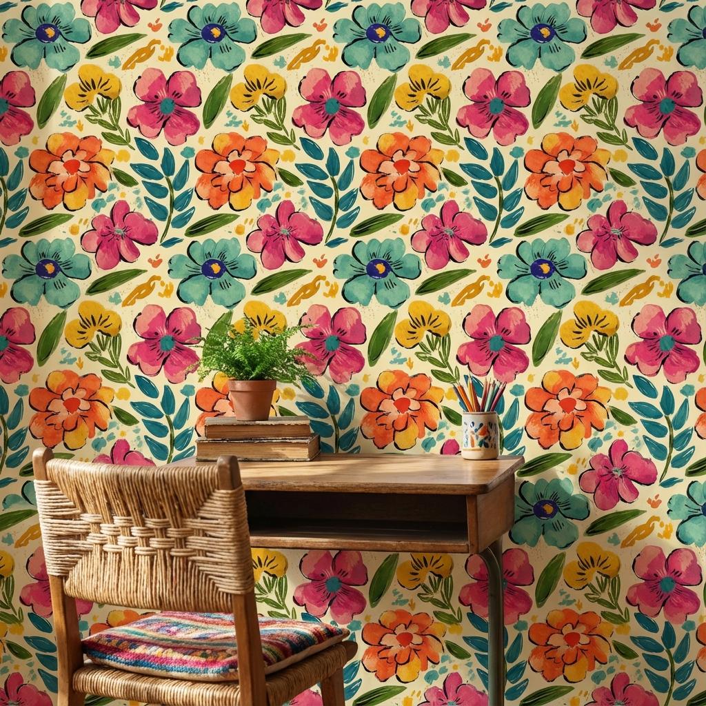 Bohemian Floral Wallpaper Abstract Eclectic Wall Mural