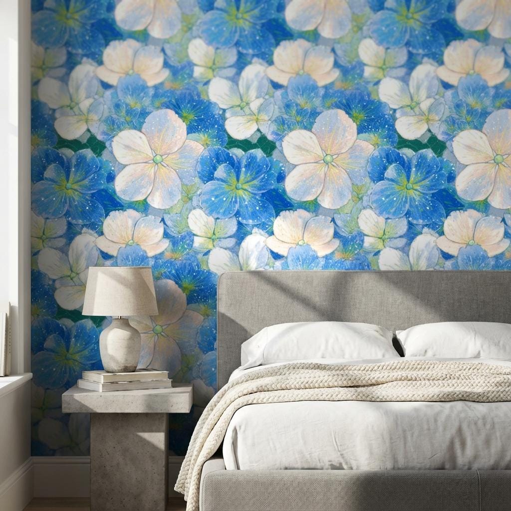 Floral Wallpaper Blue Modern Wall Mural