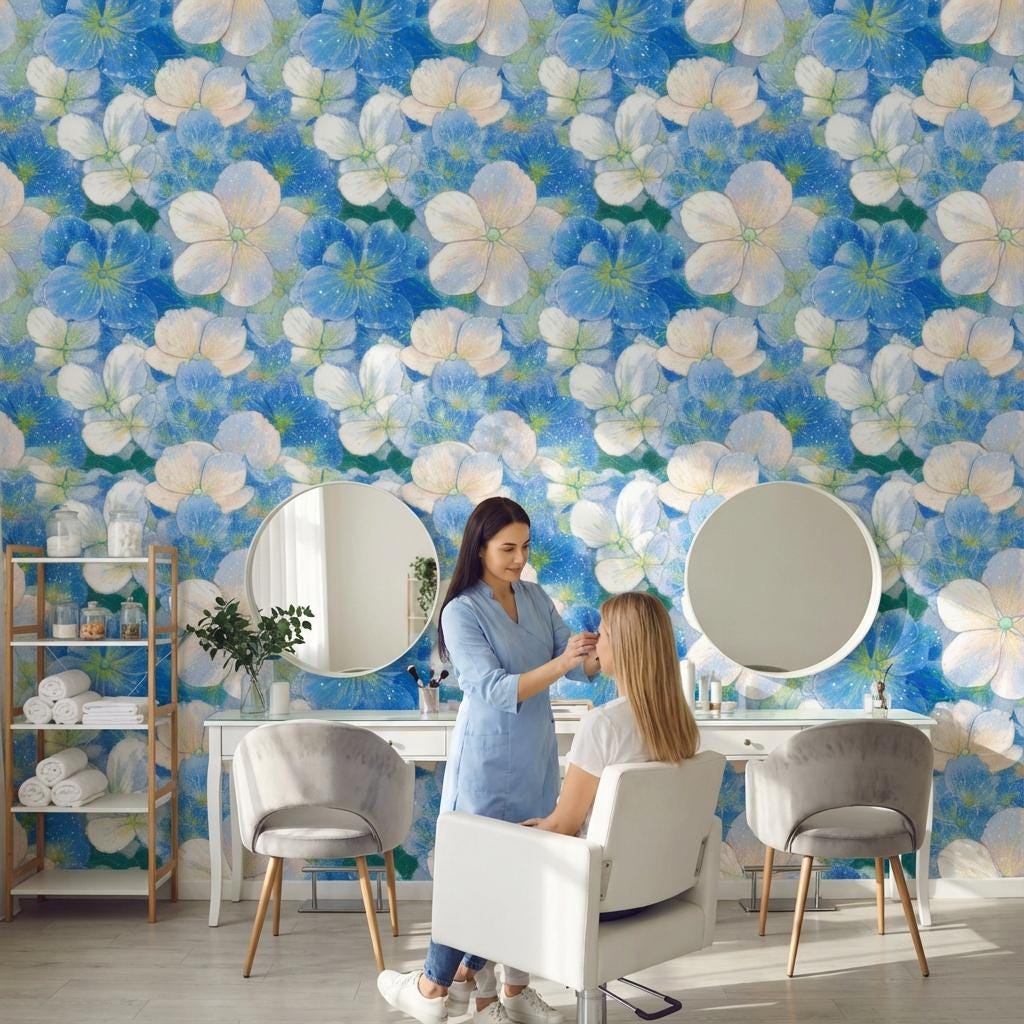 Floral Wallpaper Blue Modern Wall Mural