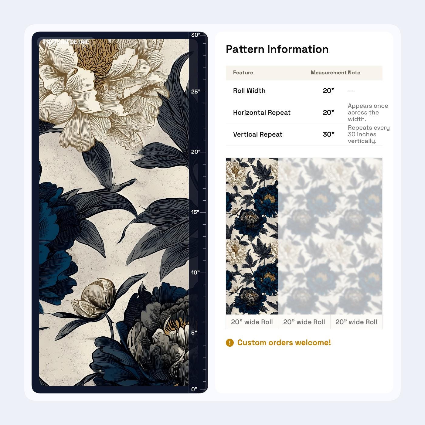 Moody Navy Peony Wall Mural | Gold Floral Peel and Stick Wallpaper