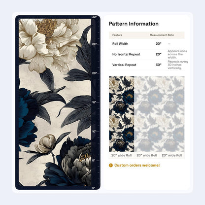 Moody Navy Peony Wall Mural | Gold Floral Peel and Stick Wallpaper