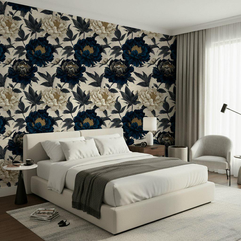 Moody Navy Peony Wall Mural | Gold Floral Peel and Stick Wallpaper
