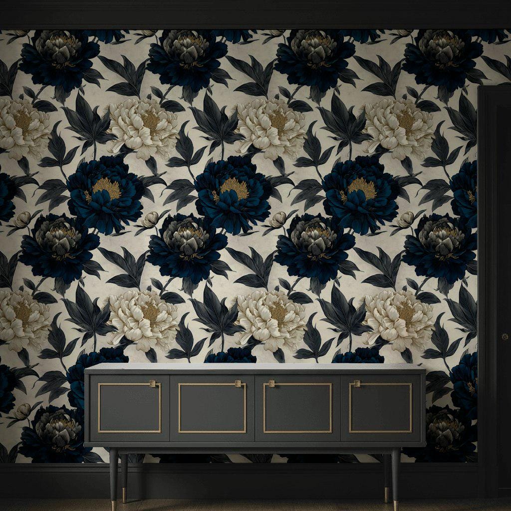 Moody Navy Peony Wall Mural | Gold Floral Peel and Stick Wallpaper
