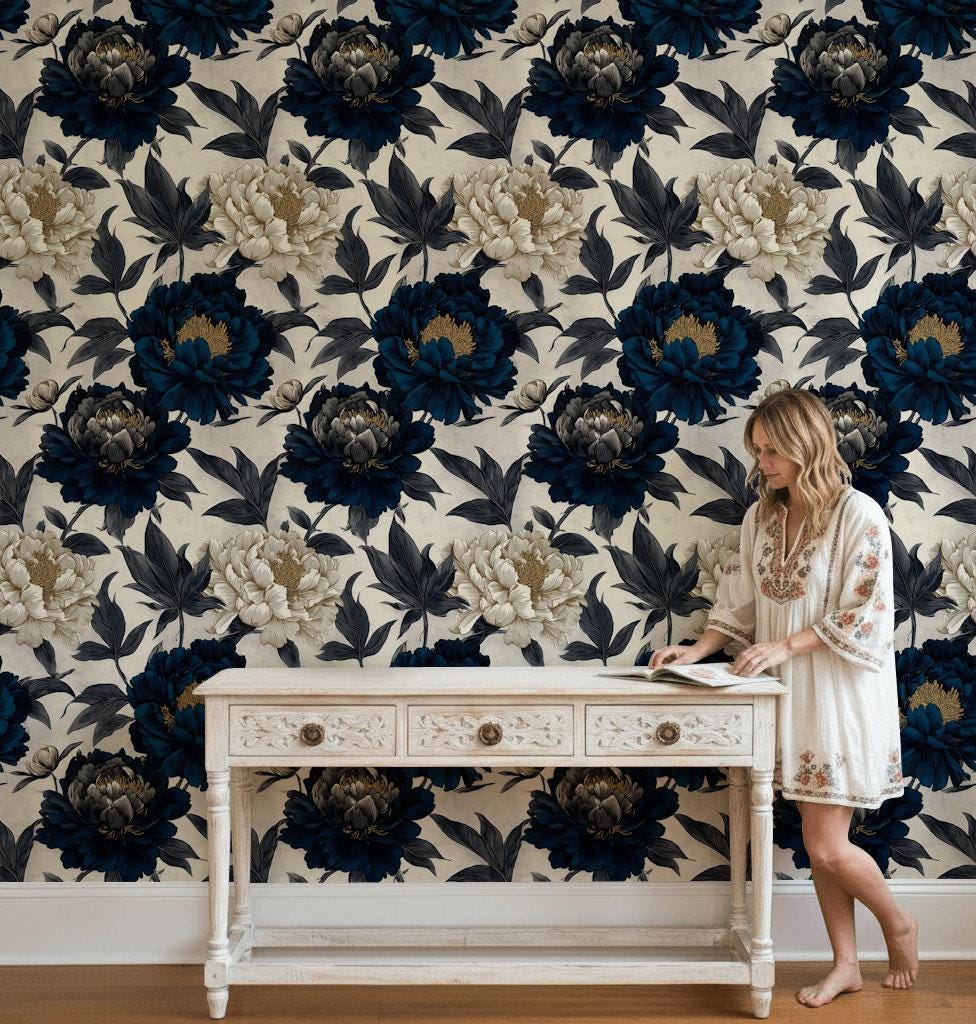 Moody Navy Peony Wall Mural | Gold Floral Peel and Stick Wallpaper