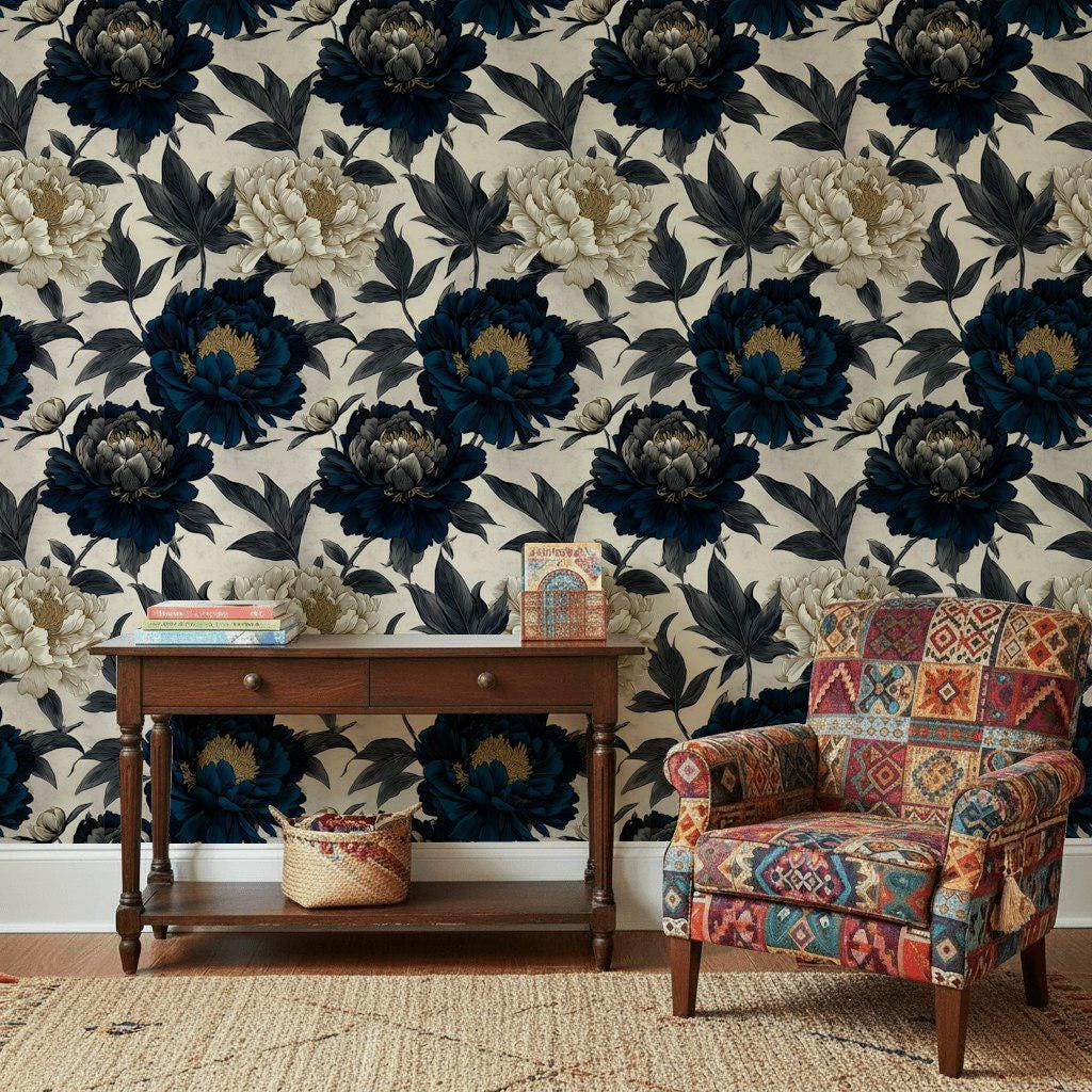 Moody Navy Peony Wall Mural | Gold Floral Peel and Stick Wallpaper