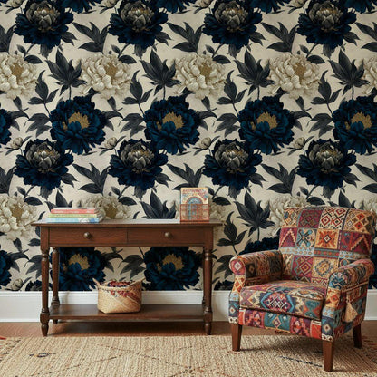 Moody Navy Peony Wall Mural | Gold Floral Peel and Stick Wallpaper