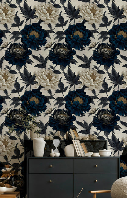 Moody Navy Peony Wall Mural | Gold Floral Peel and Stick Wallpaper