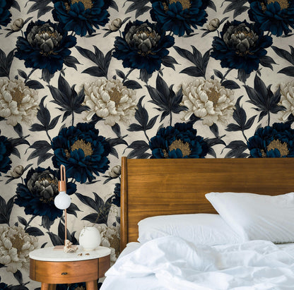 Moody Navy Peony Wall Mural | Gold Floral Peel and Stick Wallpaper