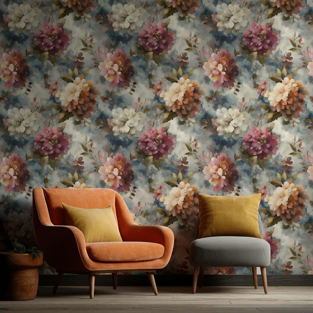 Romantic Watercolor Floral Wallpaper | Large Pink Peony Wall Mural | Dusty Rose Peel and Stick