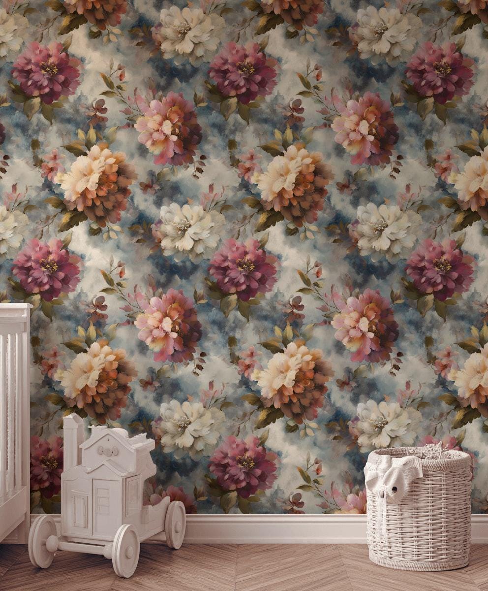Romantic Watercolor Floral Wallpaper | Large Pink Peony Wall Mural | Dusty Rose Peel and Stick