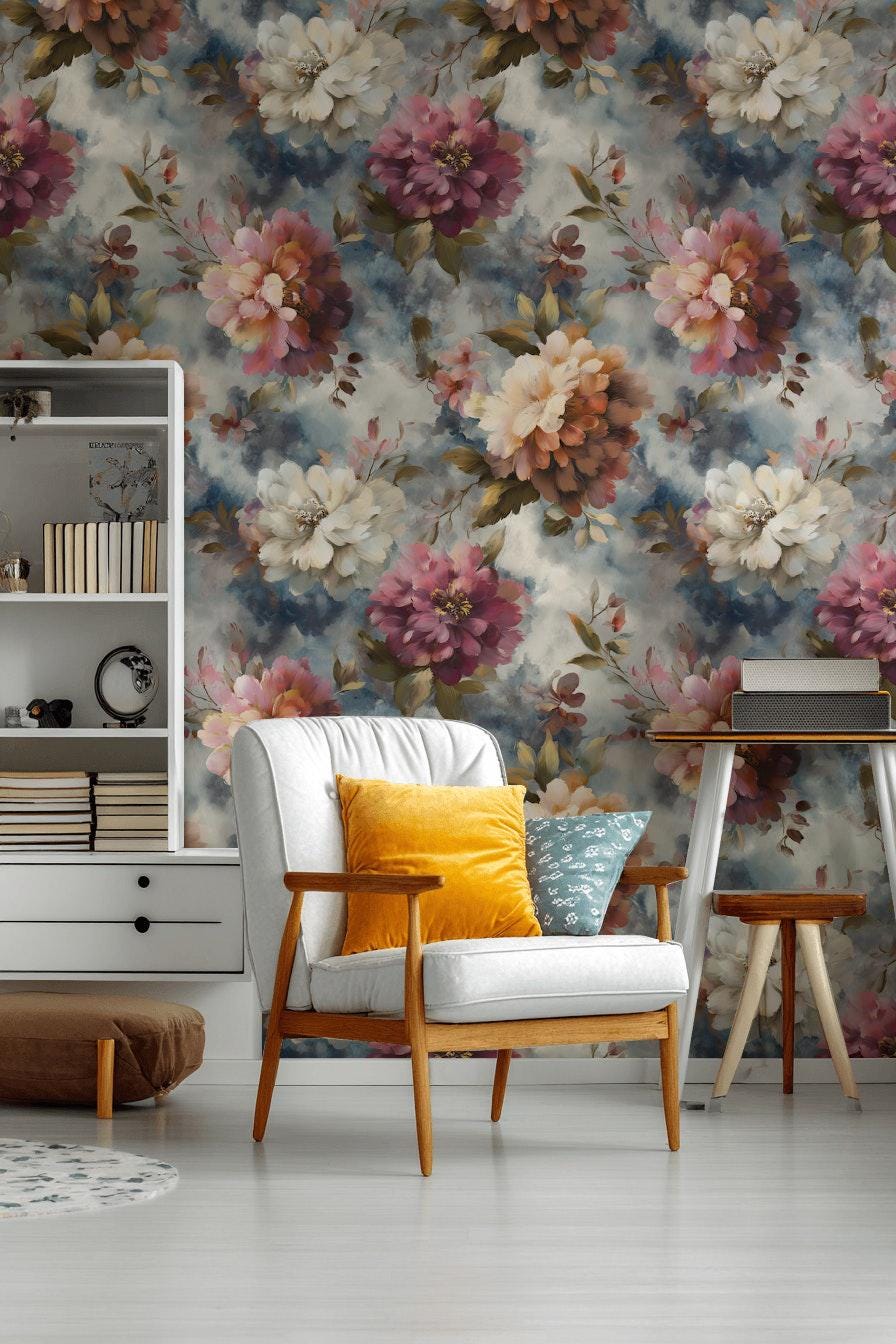 Romantic Watercolor Floral Wallpaper | Large Pink Peony Wall Mural | Dusty Rose Peel and Stick
