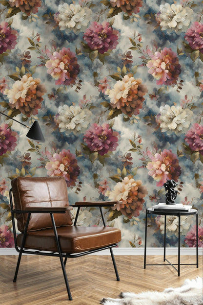 Romantic Watercolor Floral Wallpaper | Large Pink Peony Wall Mural | Dusty Rose Peel and Stick