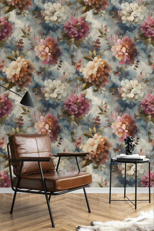 Romantic Watercolor Floral Wallpaper | Large Pink Peony Wall Mural | Dusty Rose Peel and Stick