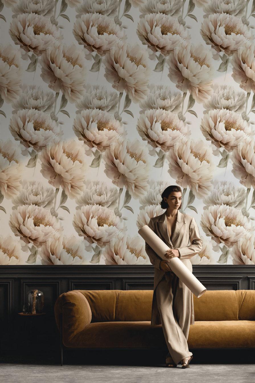 Neutral Peony Wall Mural | Large Cream Floral Wallpaper | Minimalist Bedroom Peel and Stick