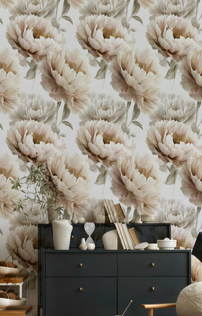 Neutral Peony Wall Mural | Large Cream Floral Wallpaper | Minimalist Bedroom Peel and Stick