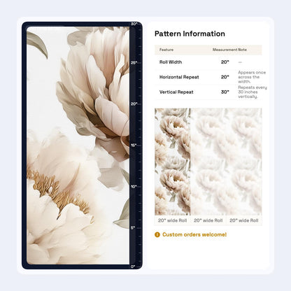 Neutral Peony Wall Mural | Large Cream Floral Wallpaper | Minimalist Bedroom Peel and Stick