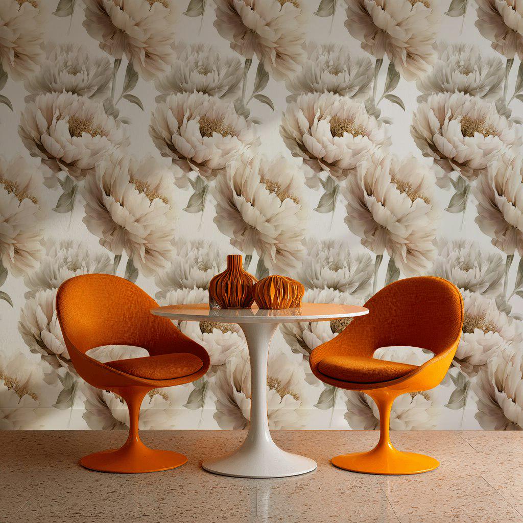 Neutral Peony Wall Mural | Large Cream Floral Wallpaper | Minimalist Bedroom Peel and Stick