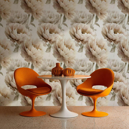 Neutral Peony Wall Mural | Large Cream Floral Wallpaper | Minimalist Bedroom Peel and Stick