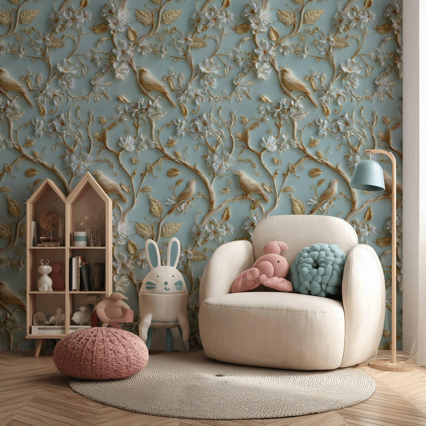 Chinoiserie Bird Wallpaper with 3D Effect Gold Branch Wall Mural Light Blue Embossed
