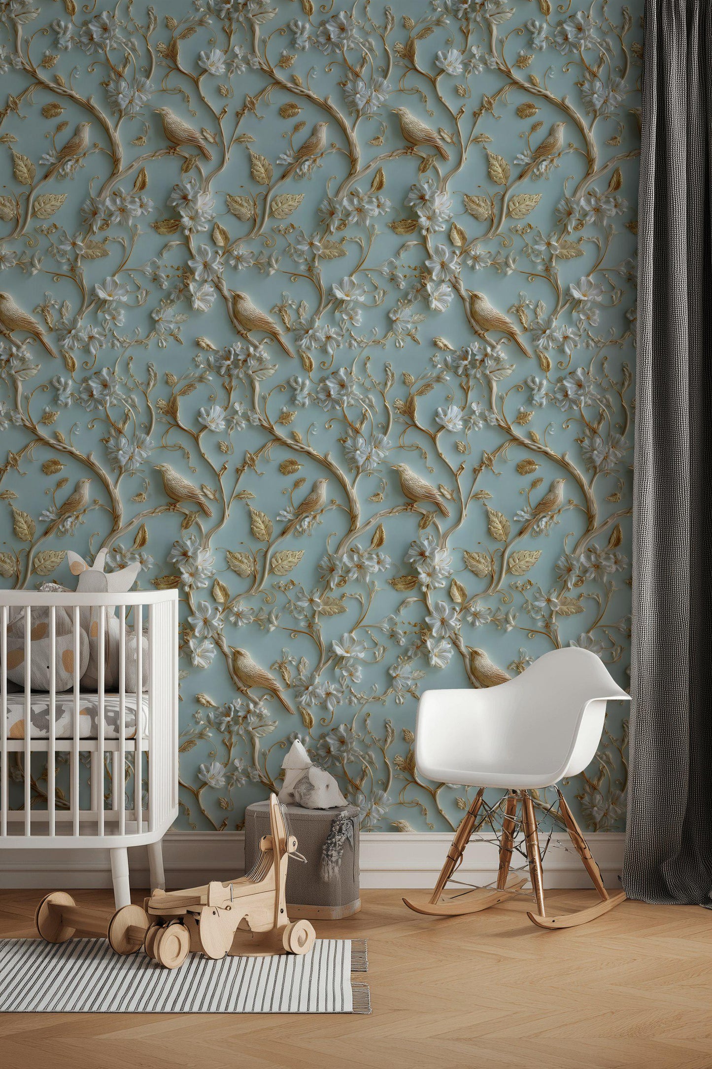 Chinoiserie Bird Wallpaper with 3D Effect Gold Branch Wall Mural Light Blue Embossed