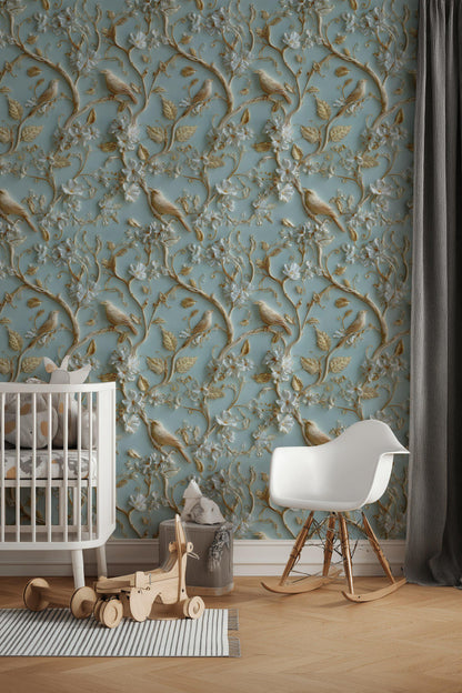 Chinoiserie Bird Wallpaper with 3D Effect Gold Branch Wall Mural Light Blue Embossed