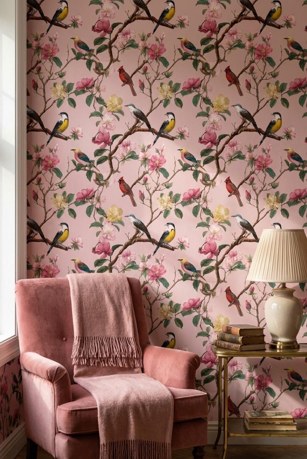 Floral Wallpaper Birds Pink Wall Mural