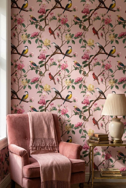 Floral Wallpaper Birds Pink Wall Mural