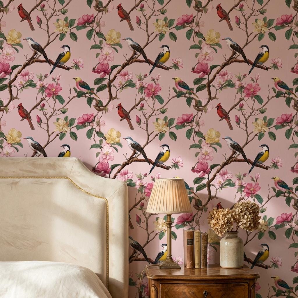 Floral Wallpaper Birds Pink Wall Mural