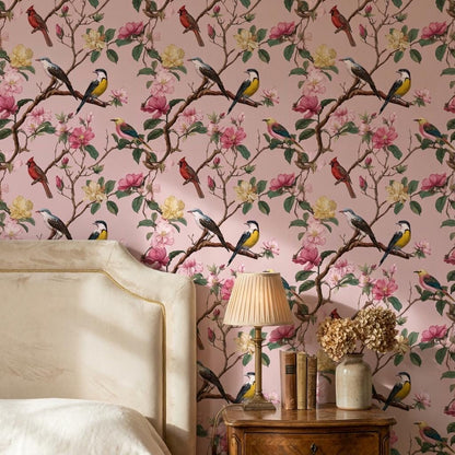 Floral Wallpaper Birds Pink Wall Mural