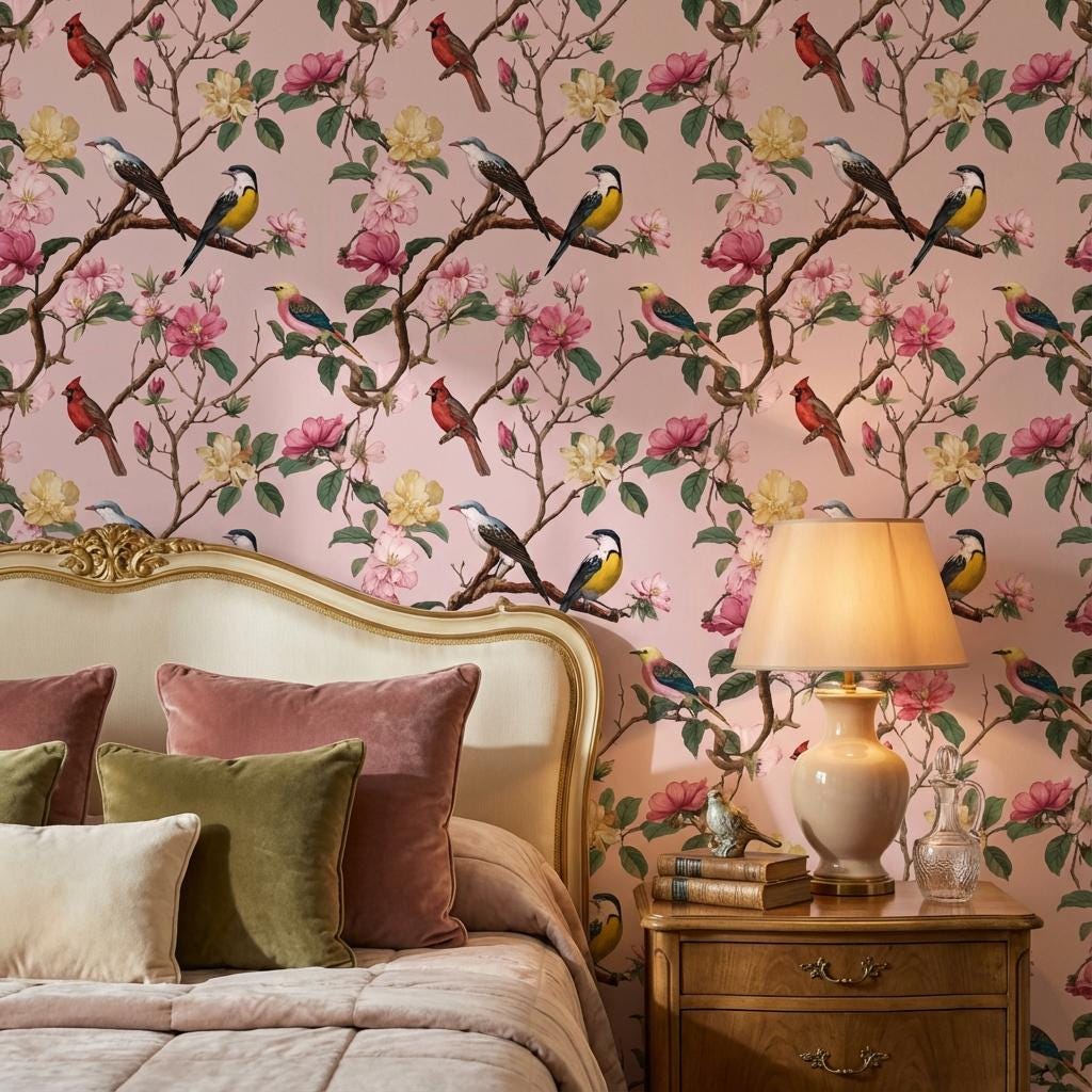 Floral Wallpaper Birds Pink Wall Mural