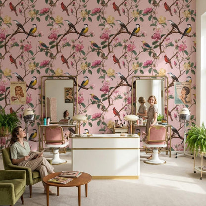 Floral Wallpaper Birds Pink Wall Mural