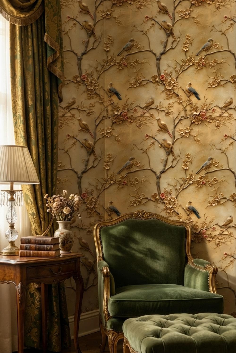 Birds Wallpaper Flowers Gold Wall Mural
