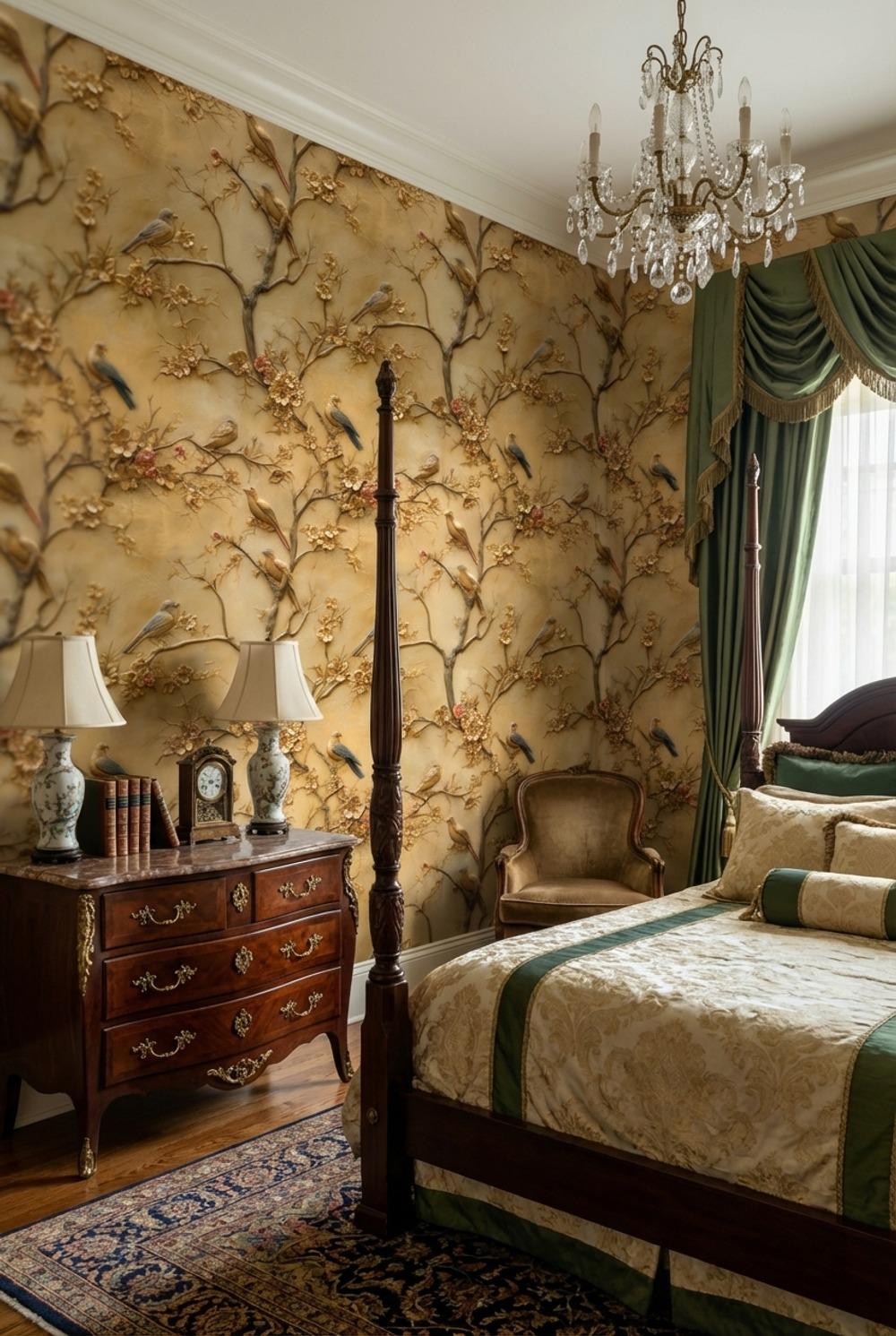 Birds Wallpaper Flowers Gold Wall Mural