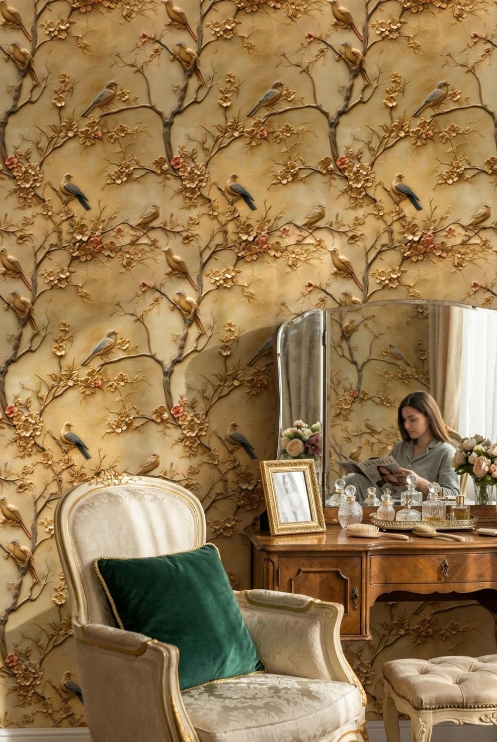 Birds Wallpaper Flowers Gold Wall Mural