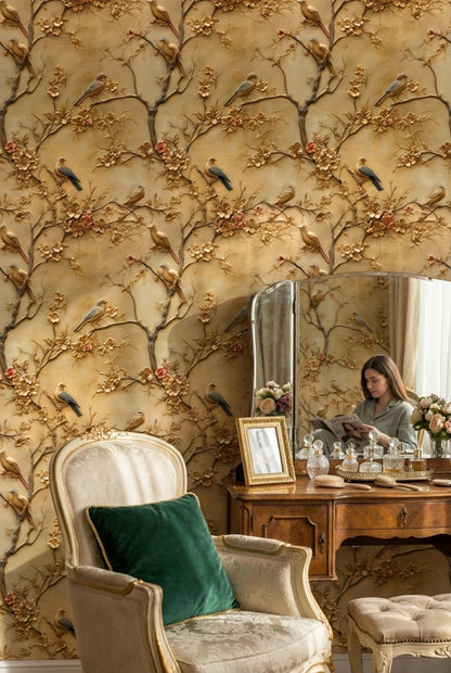 Birds Wallpaper Flowers Gold Wall Mural